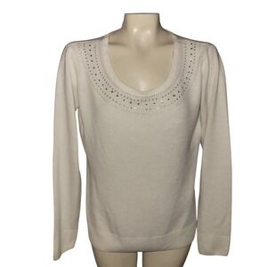 Carolyn Taylor Womens Sweater White Rhinestone Embellished Scoop Neck Pullover L